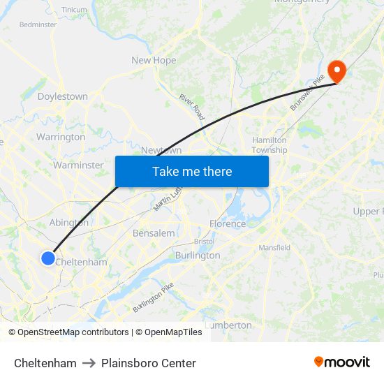 Cheltenham to Plainsboro Center map