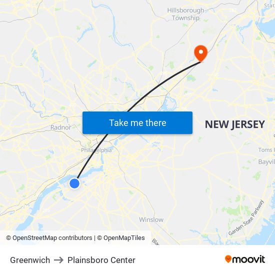 Greenwich to Plainsboro Center map