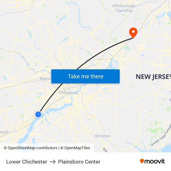 Lower Chichester to Plainsboro Center map