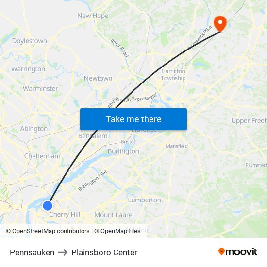 Pennsauken to Plainsboro Center map