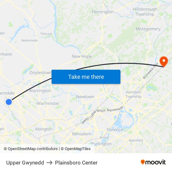 Upper Gwynedd to Plainsboro Center map