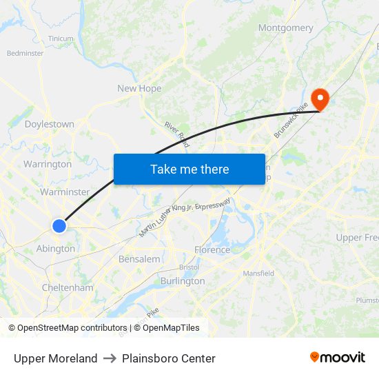 Upper Moreland to Plainsboro Center map