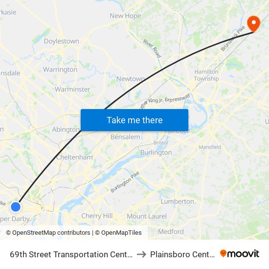 69th Street Transportation Center to Plainsboro Center map