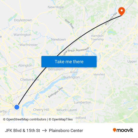 JFK Blvd & 15th St to Plainsboro Center map