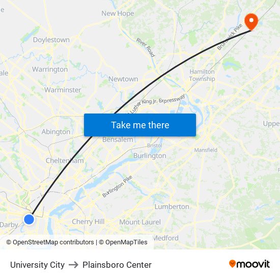 University City to Plainsboro Center map
