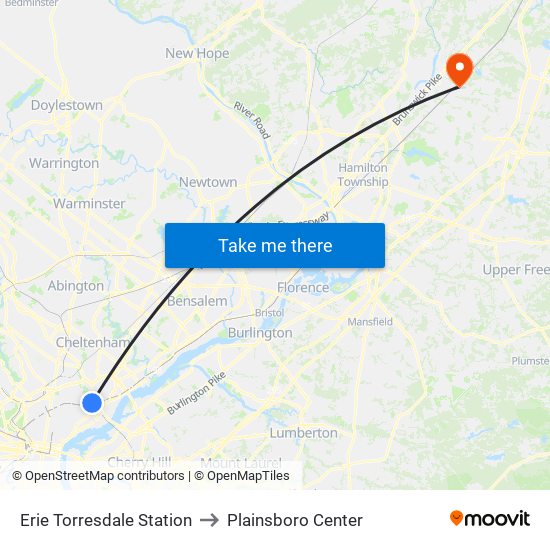 Erie Torresdale Station to Plainsboro Center map