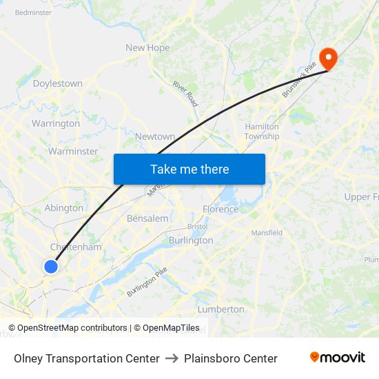 Olney Transportation Center to Plainsboro Center map