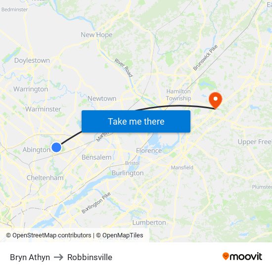 Bryn Athyn to Robbinsville map