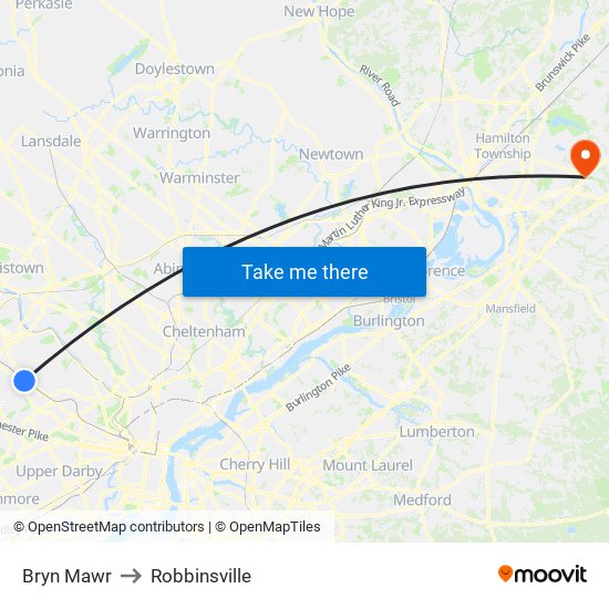 Bryn Mawr to Robbinsville map