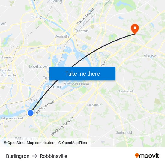 Burlington to Robbinsville map