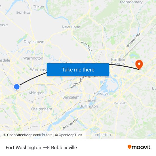 Fort Washington to Robbinsville map