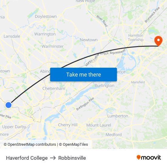 Haverford College to Robbinsville map