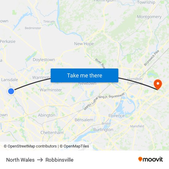 North Wales to Robbinsville map