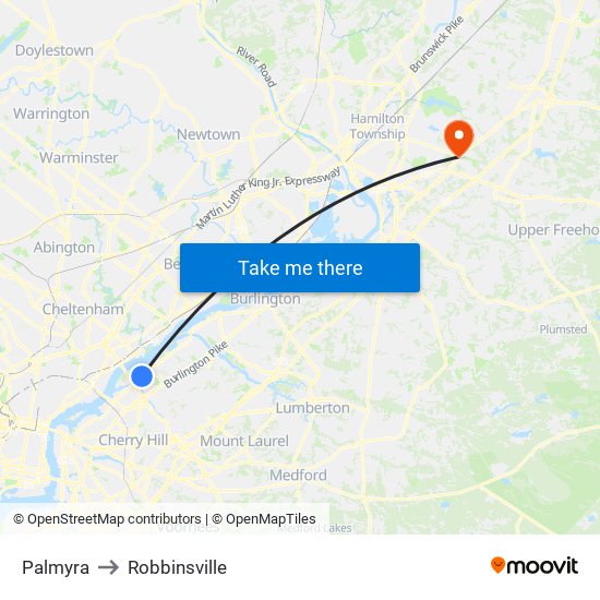 Palmyra to Robbinsville map