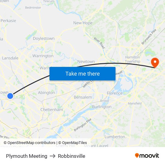 Plymouth Meeting to Robbinsville map