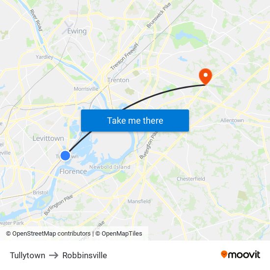 Tullytown to Robbinsville map