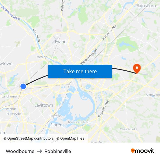 Woodbourne to Robbinsville map