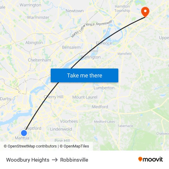 Woodbury Heights to Robbinsville map
