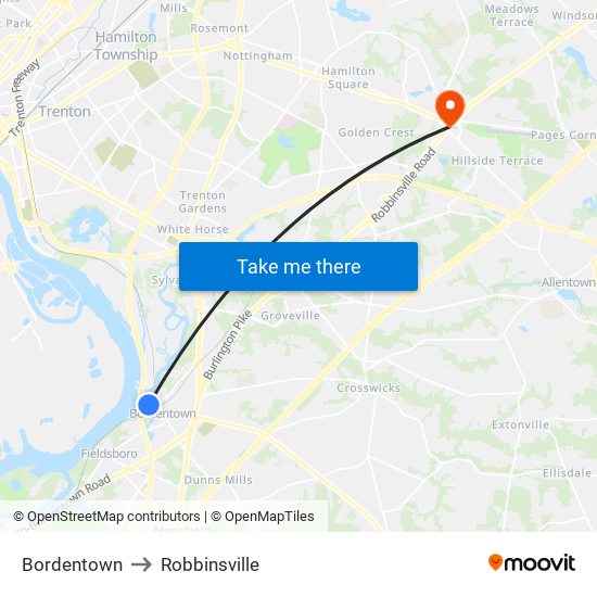 Bordentown to Robbinsville map