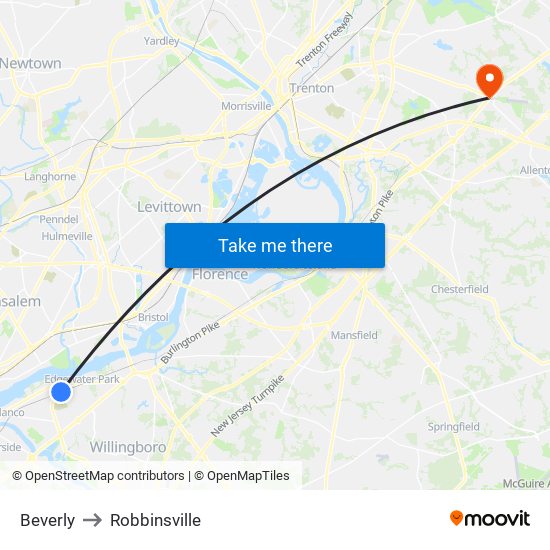 Beverly to Robbinsville map