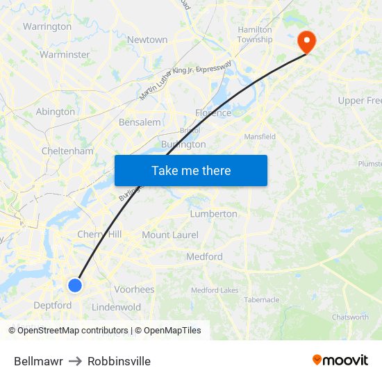 Bellmawr to Robbinsville map