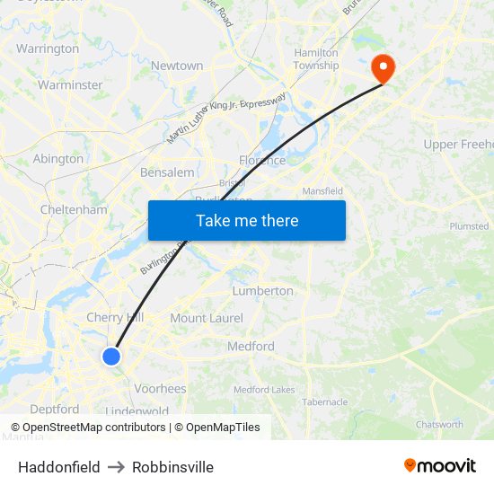 Haddonfield to Robbinsville map