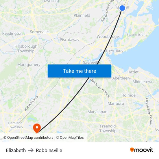 Elizabeth to Robbinsville map