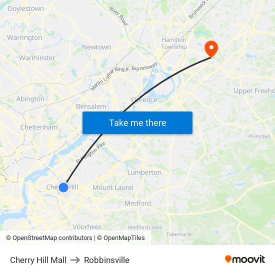 Cherry Hill Mall to Robbinsville map