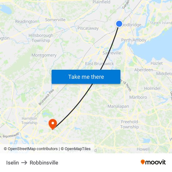 Iselin to Robbinsville map