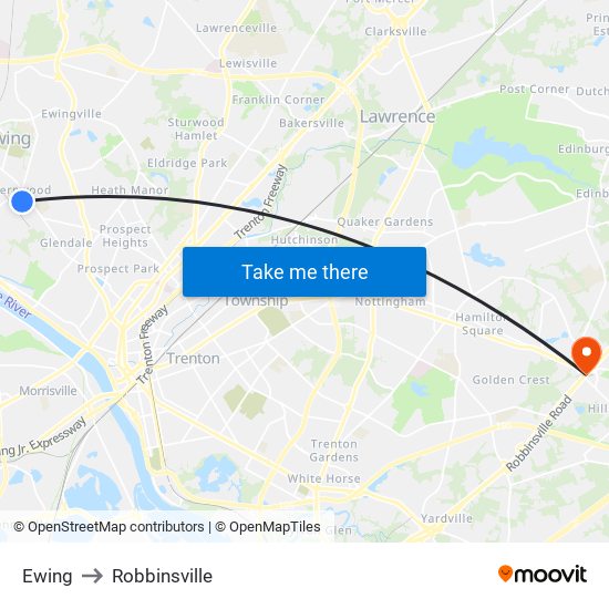 Ewing to Robbinsville map