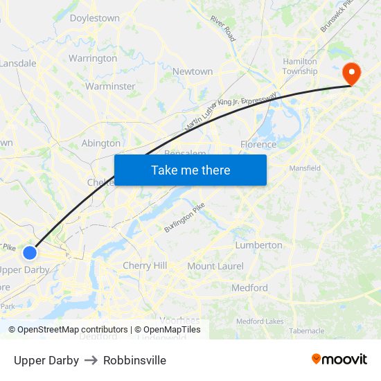 Upper Darby to Robbinsville map