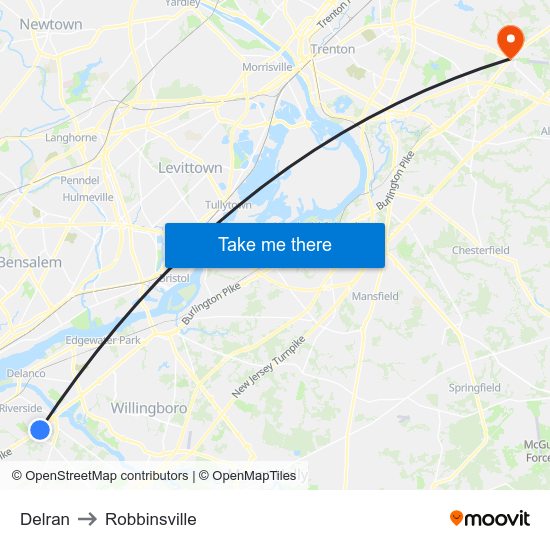 Delran to Robbinsville map