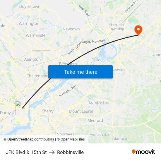 JFK Blvd & 15th St to Robbinsville map