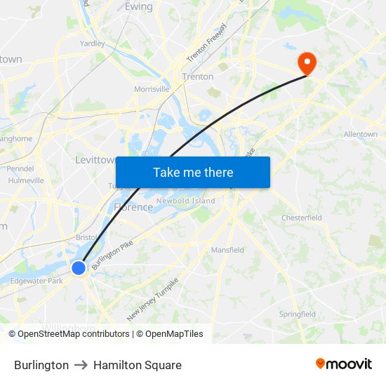 Burlington to Hamilton Square map