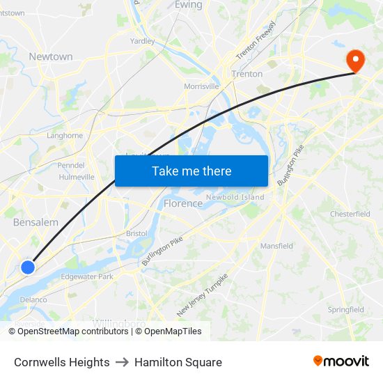 Cornwells Heights to Hamilton Square map