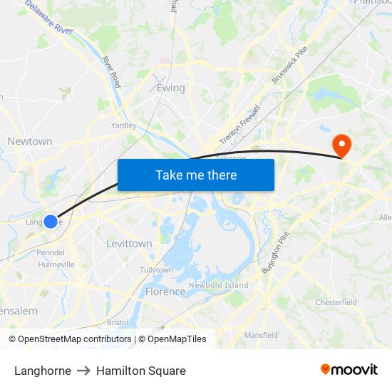 Langhorne to Hamilton Square map