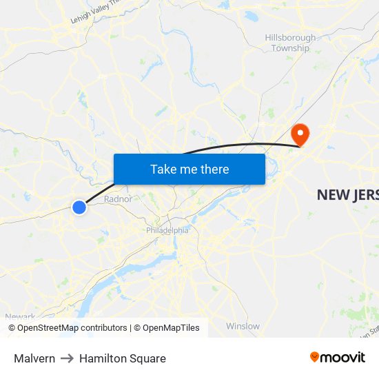 Malvern to Hamilton Square map