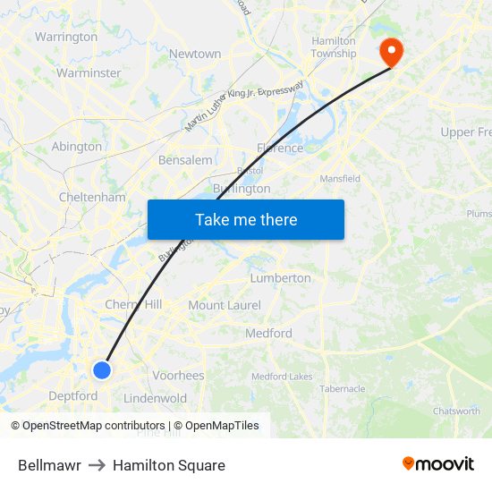 Bellmawr to Hamilton Square map