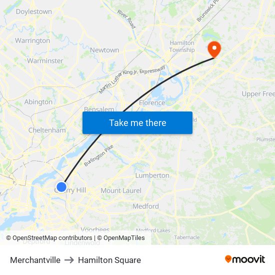Merchantville to Hamilton Square map
