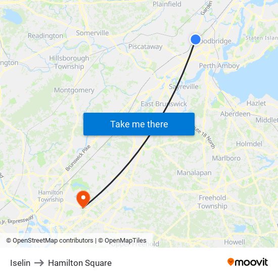 Iselin to Hamilton Square map