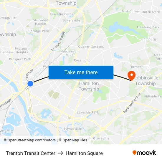 Trenton Transit Center to Hamilton Square map