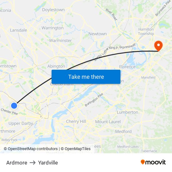 Ardmore to Yardville map