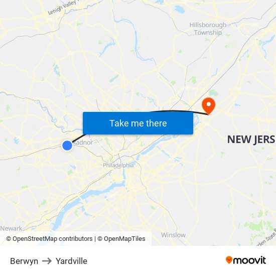 Berwyn to Yardville map
