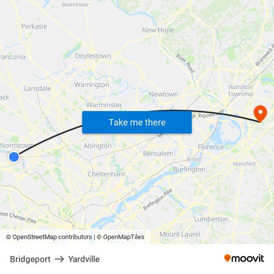 Bridgeport to Yardville map