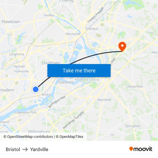 Bristol to Yardville map