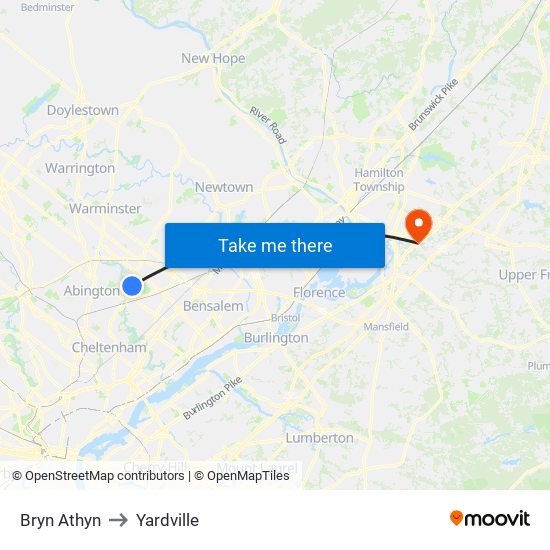 Bryn Athyn to Yardville map