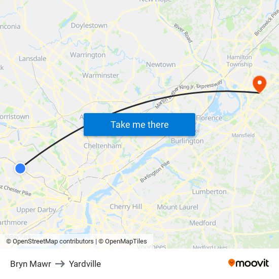 Bryn Mawr to Yardville map