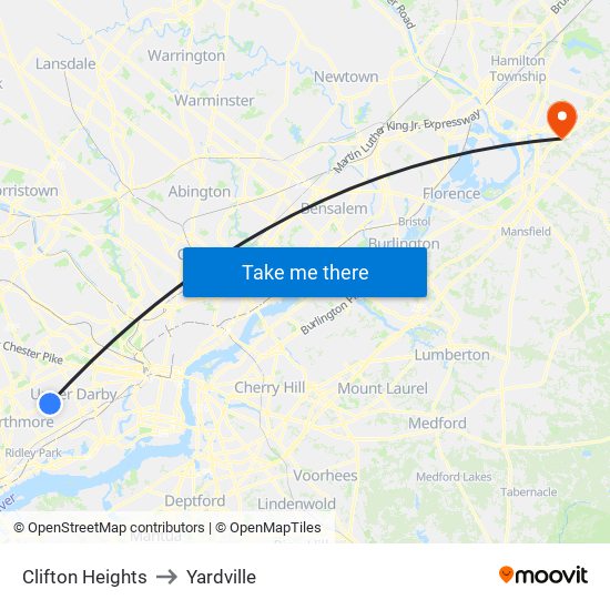 Clifton Heights to Yardville map