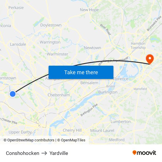 Conshohocken to Yardville map
