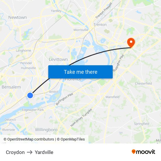 Croydon to Yardville map